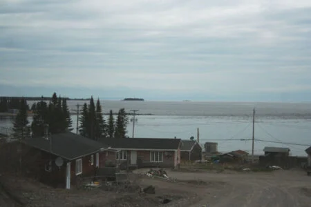 $908 Cab Fare: The Harsh Reality Of Food Access In Northern Communities A small northern coastal community with a few modest houses in the foreground, surrounded by trees and dirt roads, overlooking a vast, calm body of water under a cloudy sky with distant islands visible on the horizon.