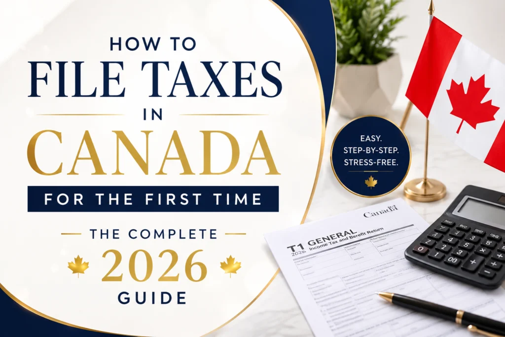 How To File Taxes In Canada For The First Time — The Complete 2026 Guide Person filing Canadian taxes for the first time on laptop using CRA My Account and NETFILE in 2026
