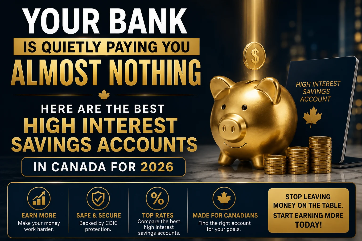 Your Bank Is Quietly Paying You Almost Nothing — Here Are The Best High Interest Savings Accounts In Canada For 2026 1 Canadian comparing high interest savings account rates on laptop in 2026 between EQ Bank Oaken Financial and Wealthsimple