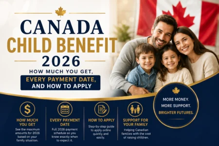 Canadian family reviewing Canada Child Benefit payment amounts and dates for 2026 on CRA My Account