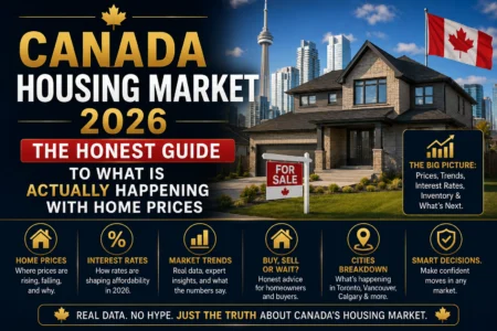 Canada Housing Market 2026 — The Honest Guide To What Is Actually Happening With Home Prices Canadian family looking at house for sale sign in front yard in spring 2026 housing market
