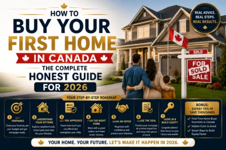 How To Buy Your First Home In Canada — The Complete Honest Guide For 2026 First-time home buyer couple receiving keys to their new home in Canada after completing mortgage process in 2026