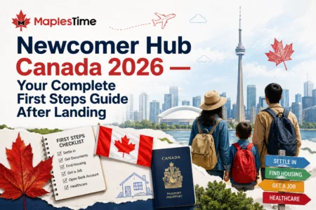 Newcomer family arriving in Canada at Winnipeg airport with luggage beginning their settlement journey in 2026