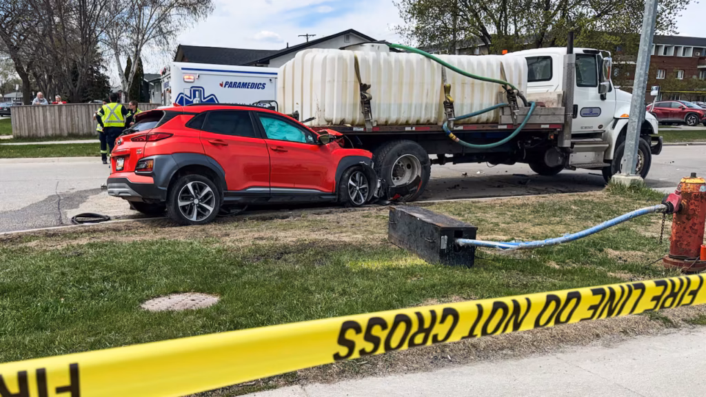 Man, 49, Dead After Suv Collides With Parked Water Truck On Cavalier Drive, Winnipeg Emergency vehicles responding to fatal vehicle collision on Cavalier Drive in west Winnipeg on May 23 2026