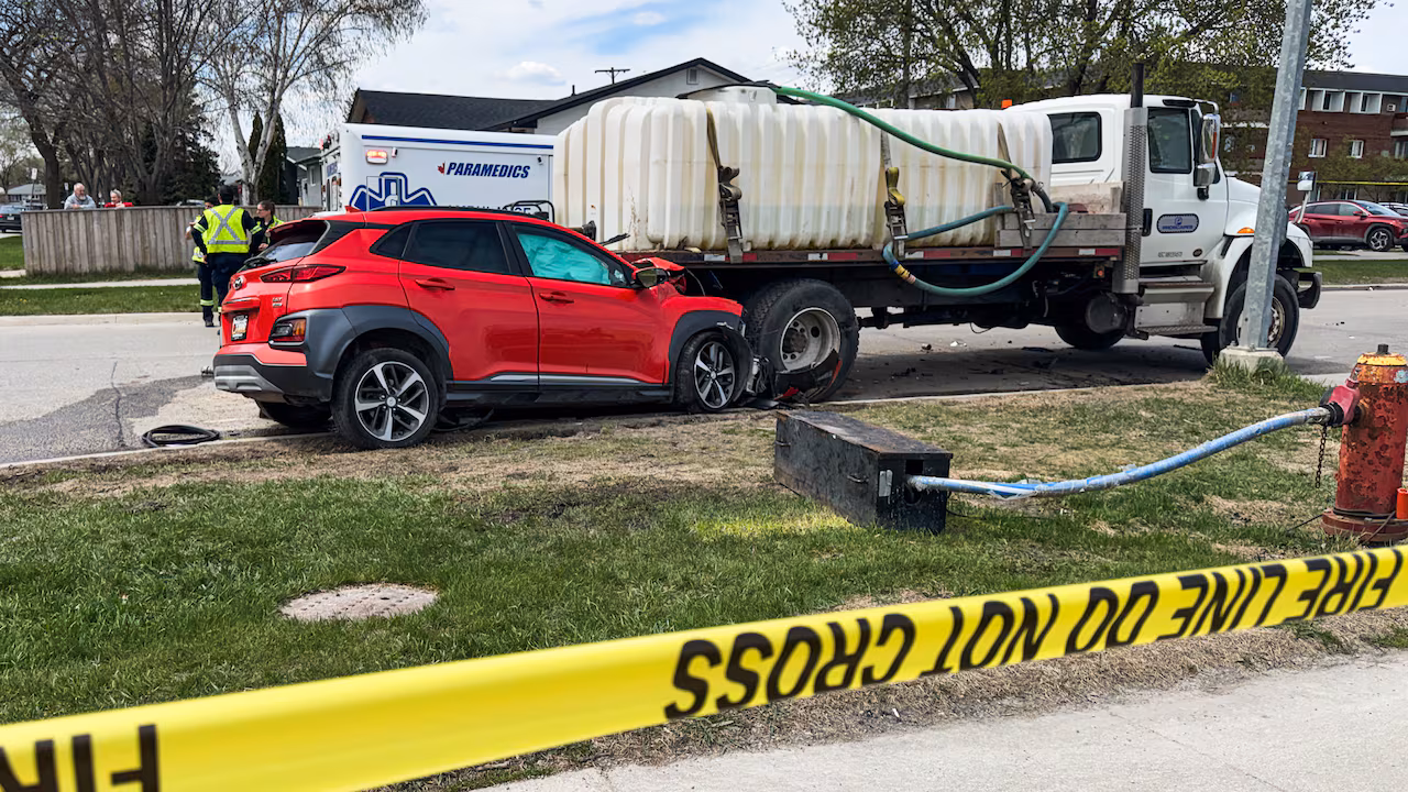 Man Dead After Suv Strikes Parked Water Truck On West Winnipeg Street 1 Emergency vehicles responding to fatal vehicle collision on Cavalier Drive in west Winnipeg on May 23 2026