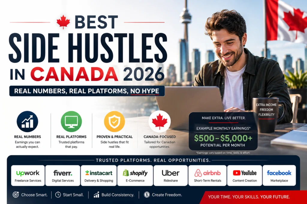 oung Canadian working on laptop at home building a side hustle income stream in 2026