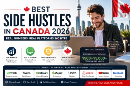 oung Canadian working on laptop at home building a side hustle income stream in 2026
