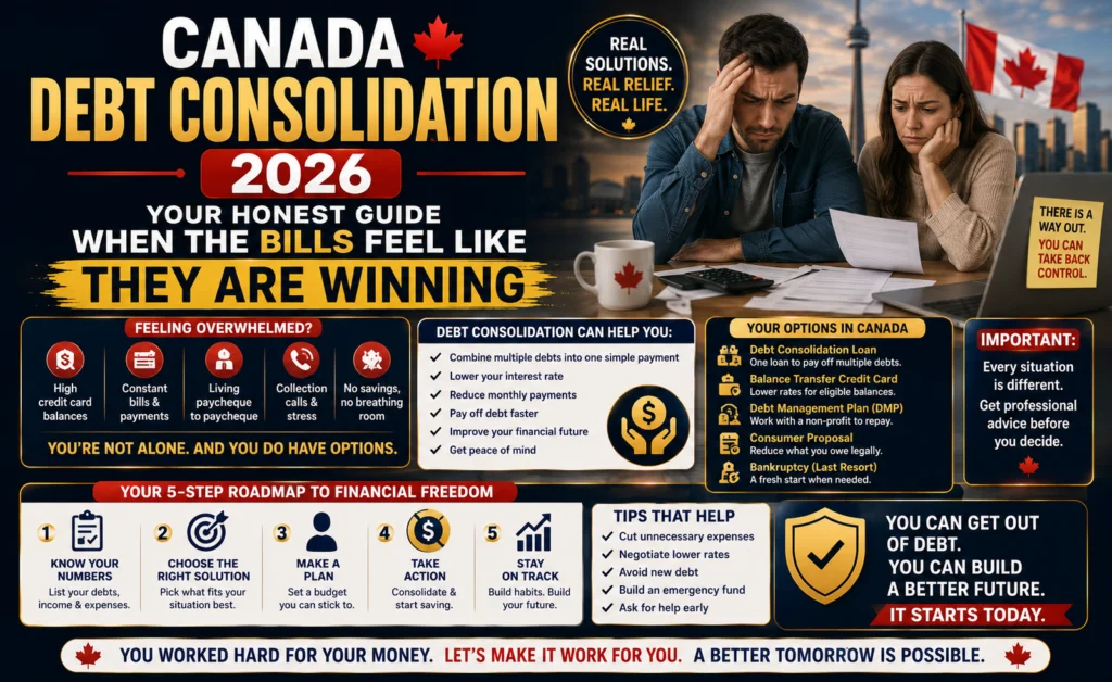 Canada Debt Consolidation 2026 — Your Honest Guide When The Bills Feel Like They Are Winning Canadian sitting at kitchen table reviewing debt consolidation options and bills in 2026