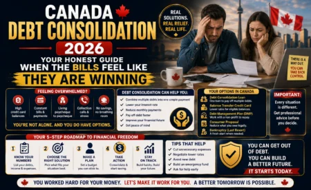 Canada Debt Consolidation 2026 — Your Honest Guide When The Bills Feel Like They Are Winning Canadian sitting at kitchen table reviewing debt consolidation options and bills in 2026