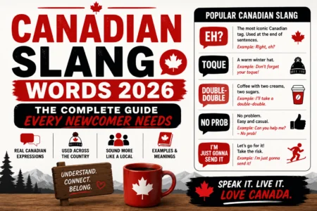 Canadian Slang Words 2026 — The Complete Guide Every Newcomer Needs Newcomer to Canada learning Canadian slang words and expressions with Canadian friends over coffee at Tim Hortons in 2026