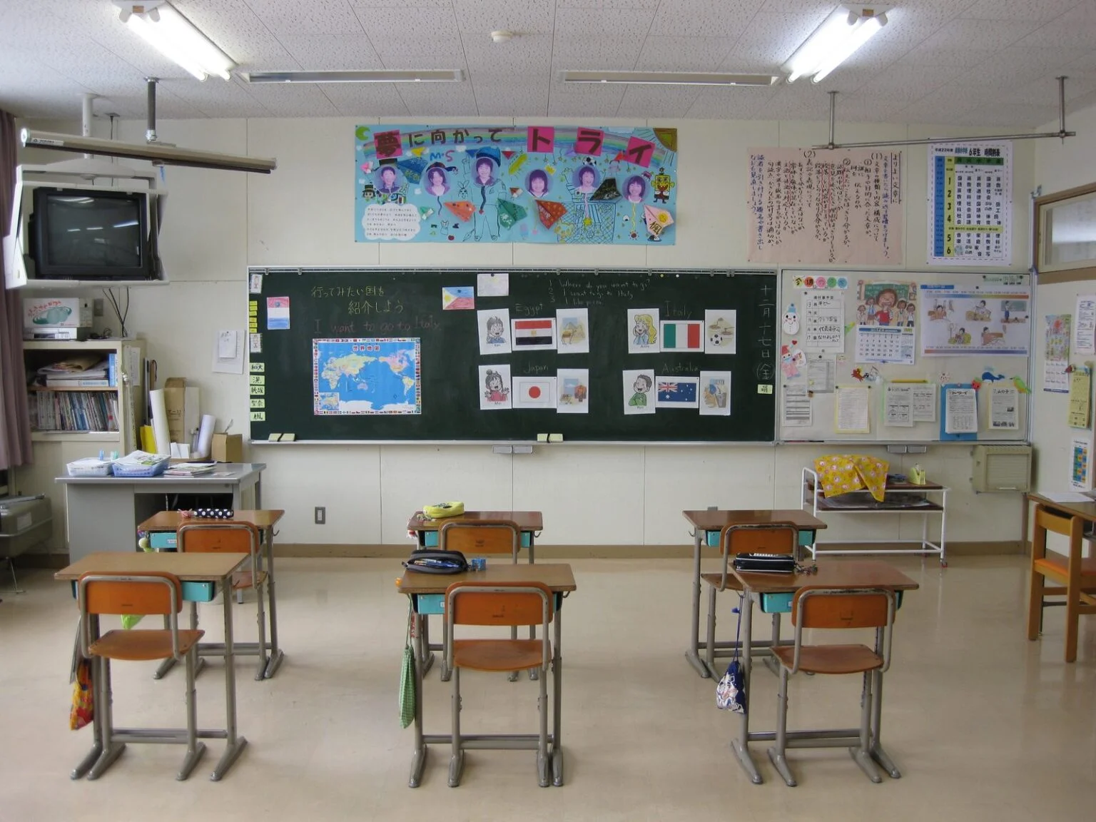 Empty elementary school classroom with student desks
