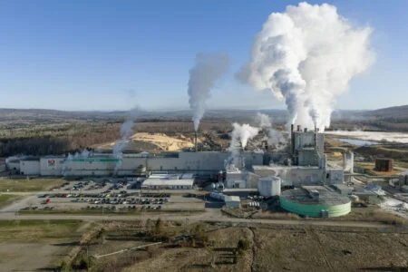 Nackawic Pulp Mill Shutdown 2026 — Av Group Idles Mill, 350 Jobs At Risk Aerial view of the Nackawic Pulp Mill in New Brunswick with steam rising from its stacks