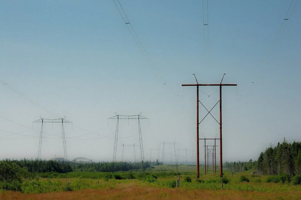 Point Lepreau Shutdown Heavy Water Leak 2026 — 200 Litres Lost, Plant Down Again Power lines at the Point Lepreau nuclear station site during the Point Lepreau Shutdown Heavy Water Leak outage