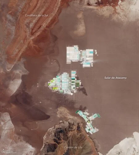 Satellite view of lithium brine evaporation ponds like those planned by Prairie Lithium in Saskatchewan
