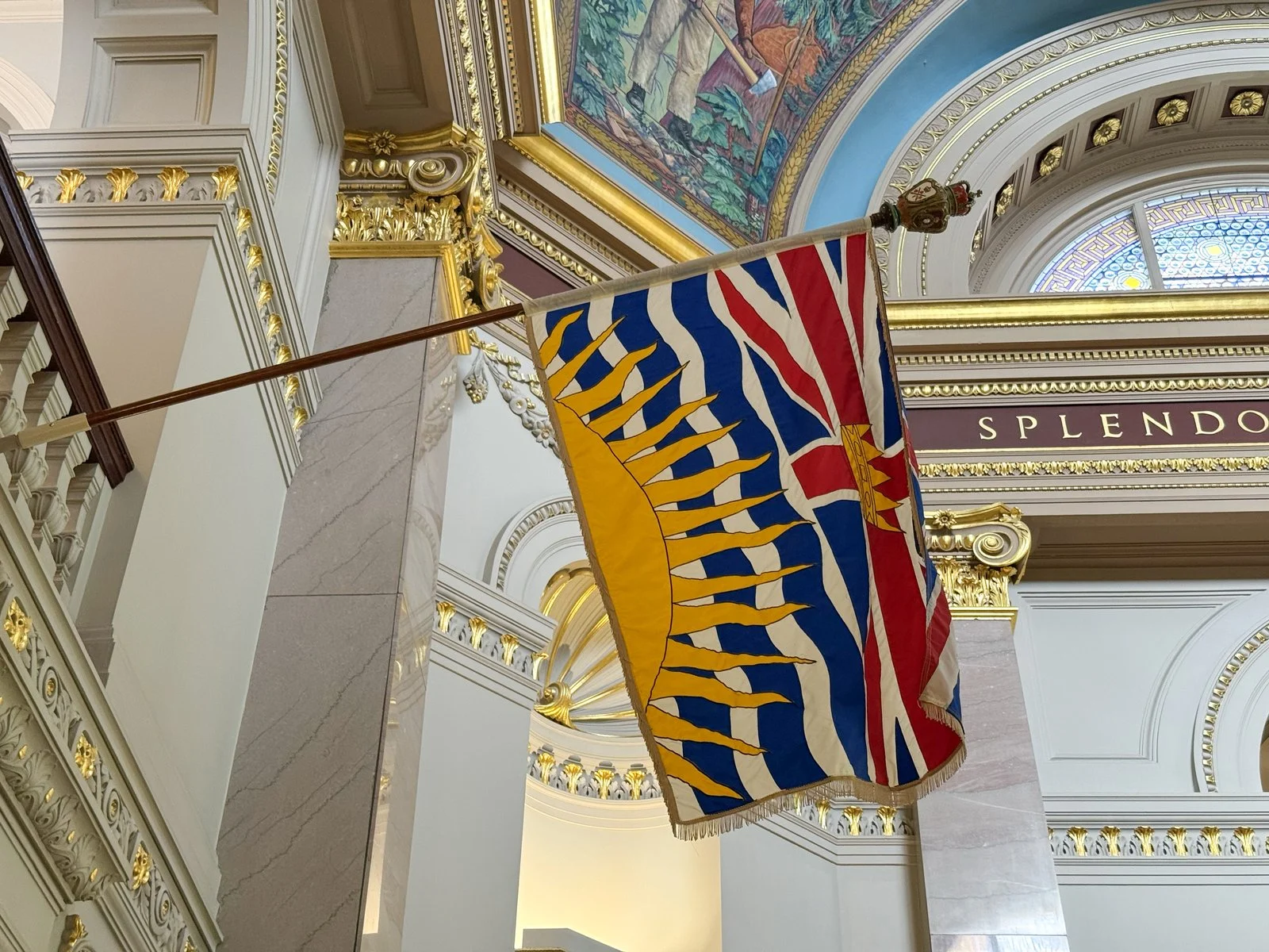 Final Poll Has Doerkson Premier-In-Waiting As B.c. Votes Today 2 Flag of British Columbia in the Rotunda of the British Columbia Parliament Buildings