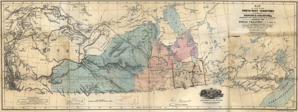 First Nations Land Deal 2026 — “This Is Not Reconciliation,” Judge Scolds Canada First Nations Land Deal — 1875 map showing lands ceded under Treaties 1, 2, 3 and 4 in Manitoba