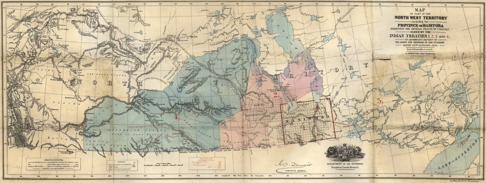 First Nations Land Deal 2026 — &Quot;This Is Not Reconciliation,&Quot; Judge Scolds Canada 1 First Nations Land Deal — 1875 map showing lands ceded under Treaties 1, 2, 3 and 4 in Manitoba