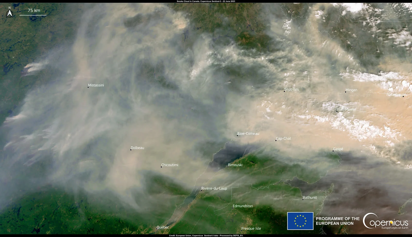 2026 Wildfire Season Nova Scotia: 114 Fires, 1,521 Hectares, A Fraction Of Last Year'S Damage 1 Satellite view of a massive wildfire smoke cloud over eastern Canada, captured by Copernicus Sentinel-3