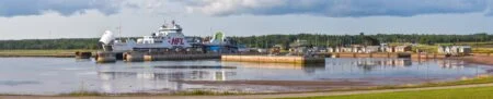 Ottawa Awards $7.3-Million Contract For Land-Based Holding Basin Serving The Wood Islands Ferry The MV Confederation ferry docked at the Wood Islands ferry terminal in Prince Edward Island