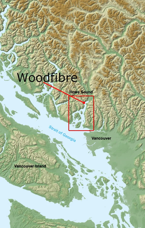 Woodfibre Lng Economic Study 2026 — $11.6 Billion In Government Revenue, Says Deetken 1 Map showing the Woodfibre LNG Economic Study project location on Howe Sound near Squamish, British Columbia